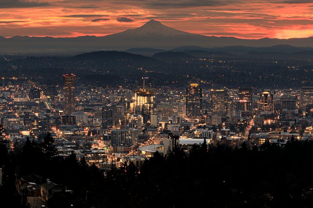 Portland Oregon skyline with Mount Hood in the background